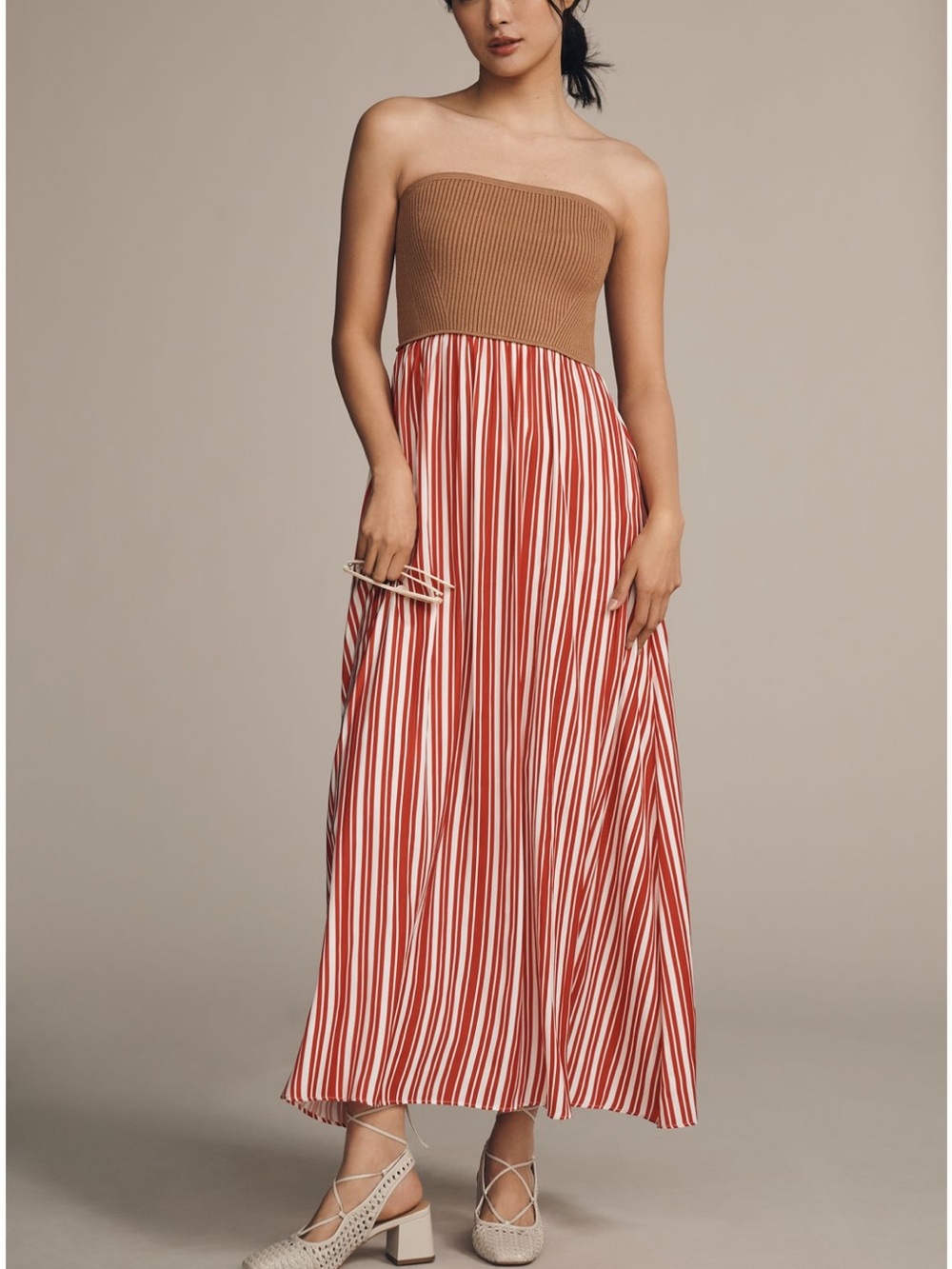 Anthropologie Brown Strapless Bodice with Red and White Striped Skirt Dress